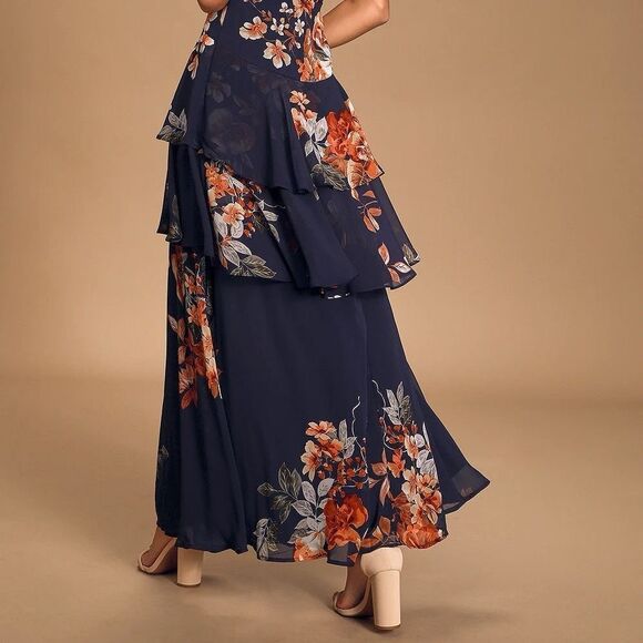 Lulus Midnight Mood Navy Blue Floral Print Tiered Maxi Dress Size Small NEW - Picture 13 of 13